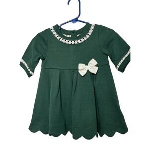 Tahari Green White Crochet Trim Crewneck Christmas Dress Size 2T Bow